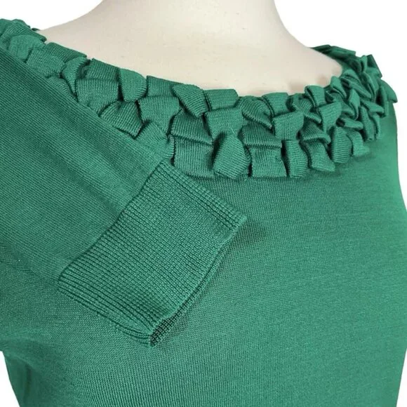 Talbots Silk Blend Sweater Petites L Kelly Green Rolled Ruffle Thin Knit - Picture 4 of 7